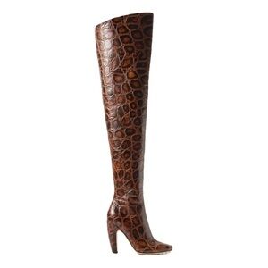 Bottega Veneta Brown Croc-Embossed Leather Canalazzo Thigh High Boot Sz 42